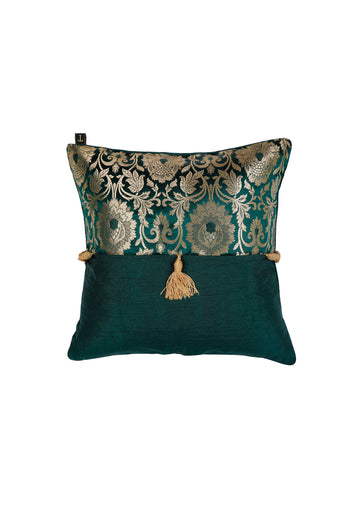 Set Of 2:Green Tassel Brocade Cushion Covers